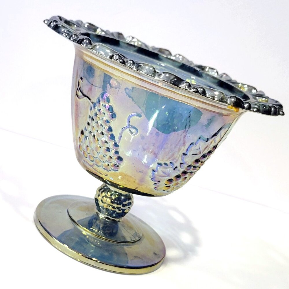 Vintage Iridescent Blue Carnival Glass Footed Candy Dish Pedestal Bowl